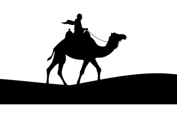 Silhouette of a person riding a camel across a sand dune in a black and white illustration