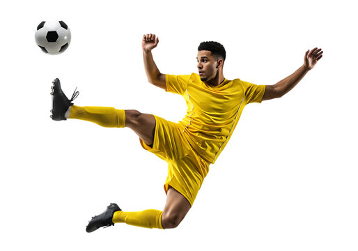 Soccer player in yellow uniform kicking a ball isolated on transparent background