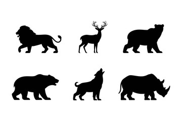 Silhouette illustration of lion, deer, bear, wolf and rhino animals in a row on white background