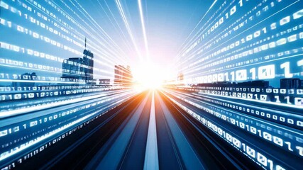 Abstract blue data stream flowing through urban landscape with skyscrapers and digital binary code overlay for technology concept - Powered by Adobe