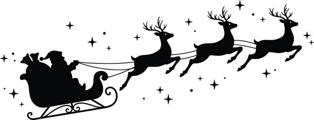 Silhouette of Santa Claus riding sleigh pulled by three reindeer with stars scattered around, festive Christmas holiday illustration
