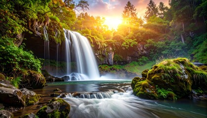 A cascading waterfall plunges into a clear pool, lush greenery surrounds the scene, illuminated by a golden sunset