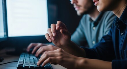 Focused software developers coding together in a dimly lit office, hands on keyboards, illuminated by computer screens, collaborative tech work