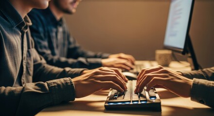 Professional Hands Typing on Illuminated Keyboards During Intensive Collaborative Work Session in a Modern Office Environment