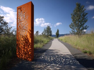 A rust-colored, perforated metal sculpture stands beside a paved pathway winding through a grassy landscape under a bright blue sky