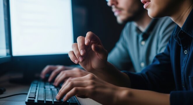 Focused software developers coding together in a dimly lit office, hands on keyboards, illuminated by computer screens, collaborative tech work
