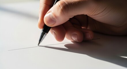 Hand Holding Pen Writing on Blank White Paper with Shadow, Close-up for Business, Education, or Creative Concepts