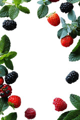 A vibrant frame of fresh berries and mint leaves.  Fresh, ripe, and colorful berries?strawberries, raspberries, and blackberries?are artfully arranged in a circular border around a black background.  