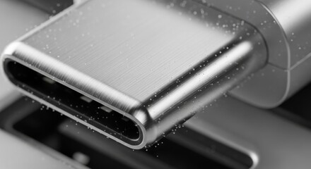 Close-up of a metallic USB Type-C connector with water droplets, illustrating modern data transfer, charging, and durable connectivity for advanced...