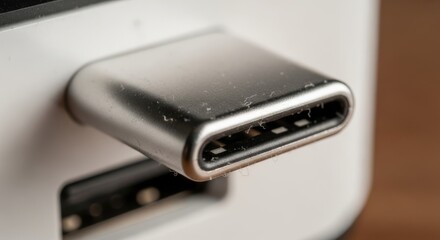 Close-up of a silver USB-C connector plugged into a white electronic device, showcasing modern universal data and power connectivity