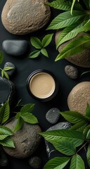 A dark background features a circular container of beige cream nestled amongst smooth, dark stones and vibrant green leaves, creating a serene and natural aesthetic