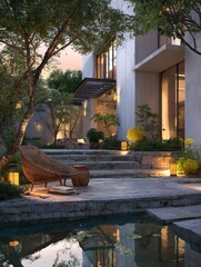 Serene evening scene of a modern home's courtyard, featuring stone steps, a tranquil pond, and wicker seating.  Soft lighting enhances the peaceful ambiance
