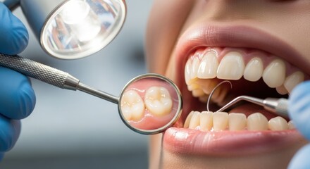 Professional dental examination close-up showing dentist's tools, mirror reflecting molars, and patient's open mouth for oral health check-up and h...