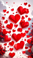 Red paper hearts falling, soft landscape