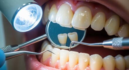 Dental Examination Close-up: Dentist using instruments and mirror to inspect teeth, highlighting oral health and a prepared tooth for restoration.