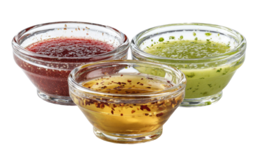 Three small glass bowls of sauces, one red, one green, and one amber, likely for dipping or topping