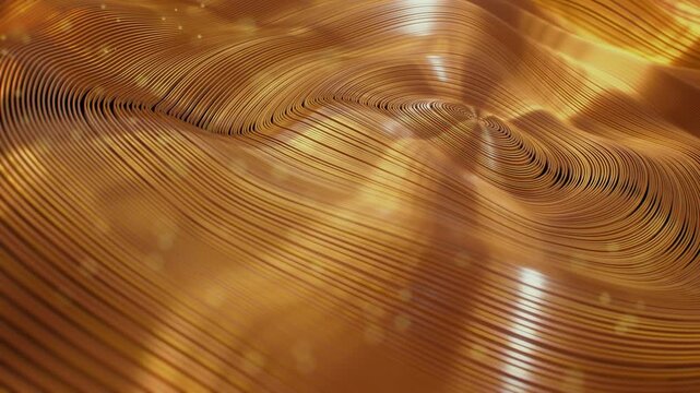 Wavy, topographic surface of flowing golden lines and circles. Elegant, futuristic background. Ultra HD 4K 3840x2160 3D loopable animation.