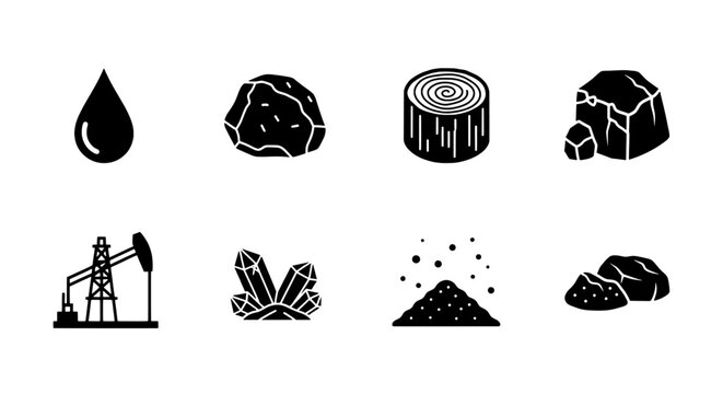 Diverse Collection of Natural Resources and Raw Materials Icons Representing Energy and Industrial Elements