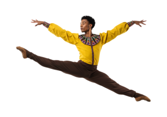Male ballet dancer performing a split leap isolated on transparent background