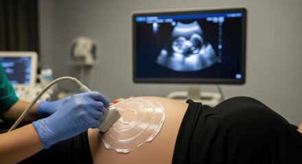 Expectant Mother Undergoing Prenatal Ultrasound Scan with Fetus Visible on Monitor for Diagnostic Medical Examination