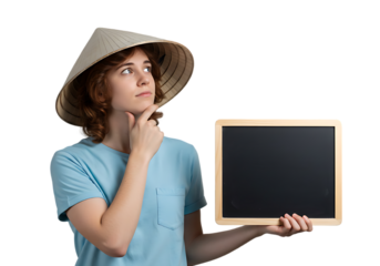 Woman wearing conical hat holding a blank blackboard isolated on transparent background