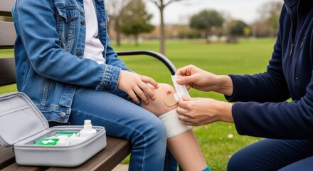 Caring adult applies first aid bandage to child's scraped knee on a park bench, demonstrating injury care and outdoor safety with a medical kit.