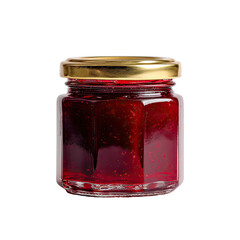 Small glass jar filled with a deep red jam or preserves.  A gold-colored metal lid sits atop the jar.  Isolated against a black background