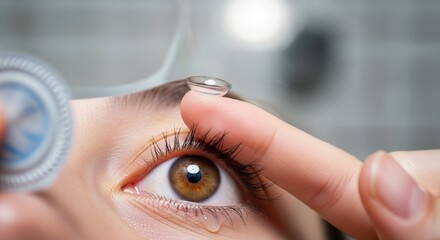 Close-up of a person's brown eye with a contact lens on a fingertip, showing the process of insertion and a single tear, emphasizing eye care and v...