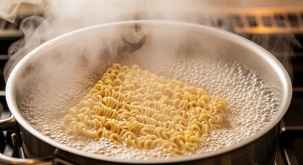 Instant Ramen Noodles Boiling in a Steaming Pot on a Stovetop, Preparing a Quick and Easy Meal