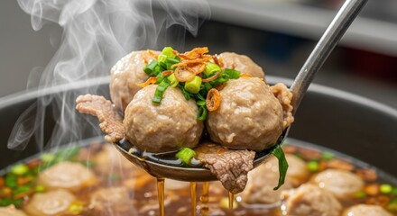 Delicious Steaming Hot Meatball Soup (Bakso) Ladled from Pot, Garnished with Green Onions and Fried Shallots, Asian Comfort Food Cuisine