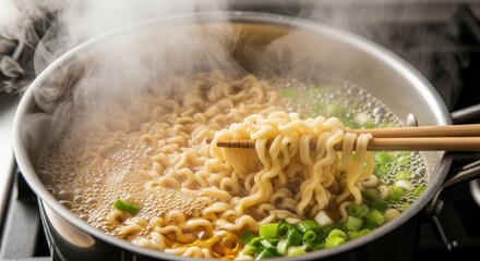 Hot Instant Ramen Noodles Cooking in Boiling Water with Chopsticks and Green Onions, Steam Rising from Stainless Steel Pot