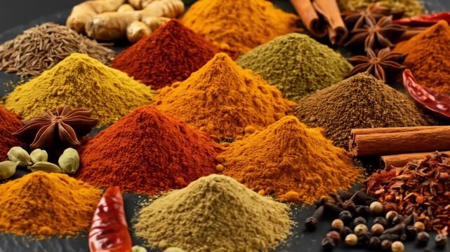 Vibrant spice mounds create an aromatic culinary journey, perfect for food blogging and recipe videos.