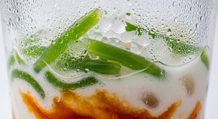 Refreshing Iced Cendol Dessert with Green Pandan Jelly, Coconut Milk, and Palm Sugar Syrup in a Condensation-Covered Glass