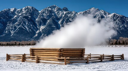 A serene winter landscape features a steam vent surrounded by snow and mountains, making it ideal for nature, travel, or outdoor lifestyle themes