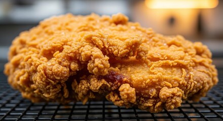 Golden Crispy Fried Chicken Piece on a Wire Cooling Rack, Freshly Cooked and Ready to Eat - Perfect Comfort Food Dish