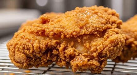 Close-up of a Crispy Golden Brown Fried Chicken Piece Resting on a Wire Rack, Delicious and Appetizing Comfort Food