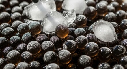 Macro View of Frosted Dark Spheres and Crushed Ice, Creating a Cool and Textured Abstract Background with Condensation and Depth