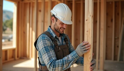 Construction worker assembles wooden framing on site. Man in hard hat wears gloves. Pro carpenter works with timber. Building new house. Home renovation. Construction industry.