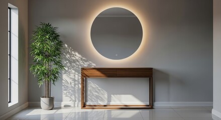 Modern interior design with round backlit mirror, wooden console table, and potted plant, bathed in natural light, minimalist aesthetic.