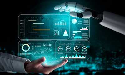 An AI project management dashboard with business performance analytics. AI visualization of project timelines and company data for strategic review. Motif