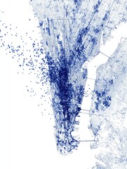 An abstract, stylized map of a major city, rendered in shades of blue, suggesting density and infrastructure through a network of lines and points