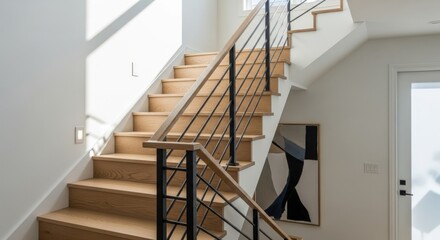 Modern Staircase with Metal Railing and Natural Wood Treads