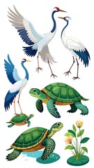 Colorful Asian animals in a nature scene