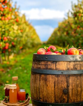 Wooden barrel overflowing with red apples in an orchard