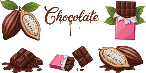Cartoon chocolate and cacao illustration set with bars, pods, melting pieces, and stylized text for dessert, food, and education