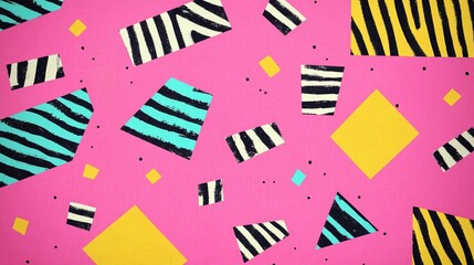 Obraz premium A vibrant pink background features geometric shapes in contrasting colors and patterns, creating a playful and contemporary design, Perfect for use in marketing materials, social media