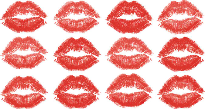 Collection of red lipstick kiss prints arranged in a 3 by 4 grid pattern, symbolizing love and affection