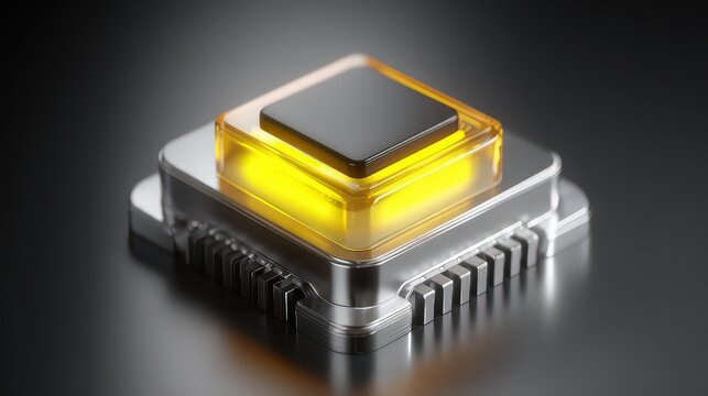 Modern microprocessor with a sleek design, featuring a luminous button, ideal for technology-related projects, advertisements, and digital marketing presentations showcasing innovation,