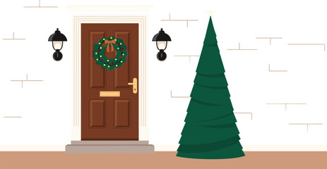 Fototapeta premium Christmas front door scene with wreath, tree, lanterns, and festive decor—perfect for holiday design, winter themes, and celebration content.
