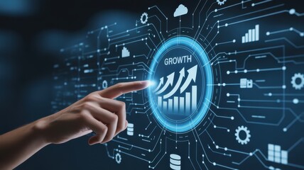Fototapeta premium Digital Growth Concept: A finger touches a digital interface, activating a visual representation of growth and progress, symbolizing technological advancement.